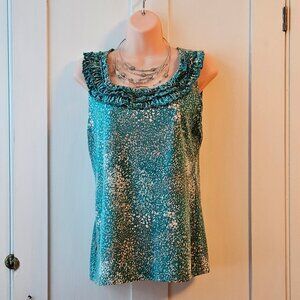 Ann Taylor Sleeveless Top with Ruffle Detail in Teal Print | Women's L | EUC